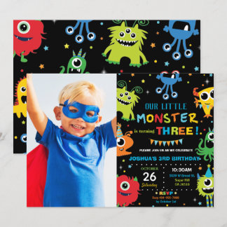 Niedlicher Kleiner Monster Junge 1. Geburtstag Leb Einladung