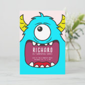 Niedlicher Kleiner Monster Mash Blue Thema Geburts Einladung (Stehend Vorderseite)