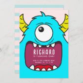 Niedlicher Kleiner Monster Mash Blue Thema Geburts Einladung (Vorne/Hinten)