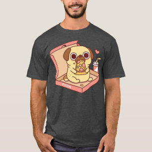 Niedlicher kleiner Mops, der Pizza in einer Pizzak T-Shirt