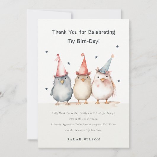 Niedlicher Kleiner Party Vögel Aquarell Kindergebu Dankeskarte (Vorderseite)