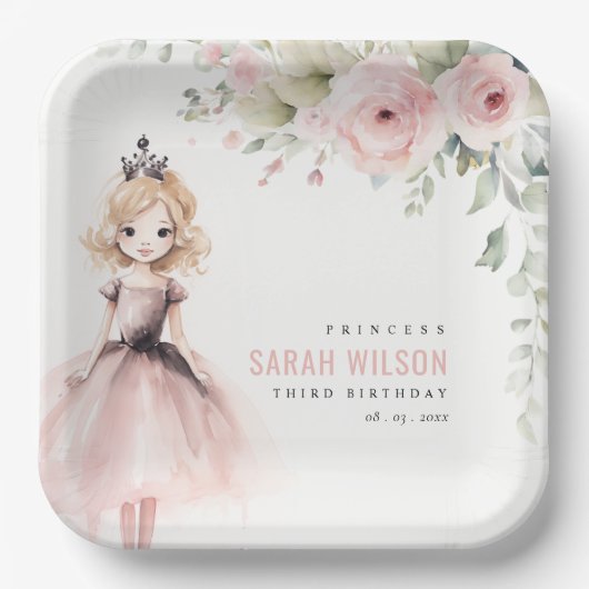 Niedlicher kleiner Rosa Prinzessin Rose Floral Geb Pappteller (Vorderseite)