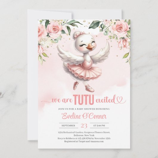 Niedlicher kleiner Schwan mit Tutu-Kleid Gold Glit Einladung (Vorderseite)