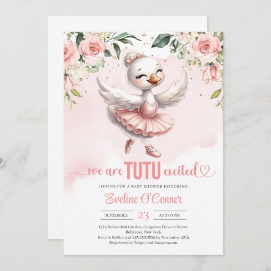 Niedlicher kleiner Schwan mit Tutu-Kleid Gold Glit Einladung (Vorne/Hinten)