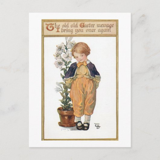 Niedlicher kleiner Vintager Junge mit Osterlilien Postkarte (Vorderseite)