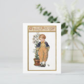 Niedlicher kleiner Vintager Junge mit Osterlilien Postkarte (Stehend Vorderseite)