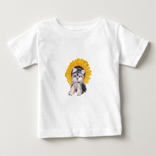 Niedlicher kleiner Yorkshire-Welpenhund und Sonnen Baby T-shirt (Vorderseite)