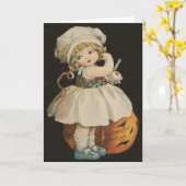 Niedlicher kleines Mädchen-Jack O Laternen-Kürbis Karte (Gelbe Blume)