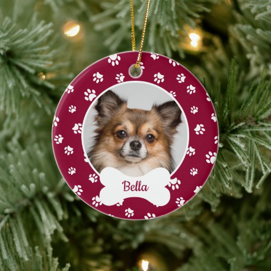 Niedlicher Knochenname Jahr Roter und Weiß-Paw-Aus Keramik Ornament (Baum)