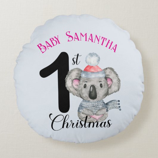 Niedlicher Koala Baby Girl's First Christmas Keepa Rundes Kissen (Vorderseite)