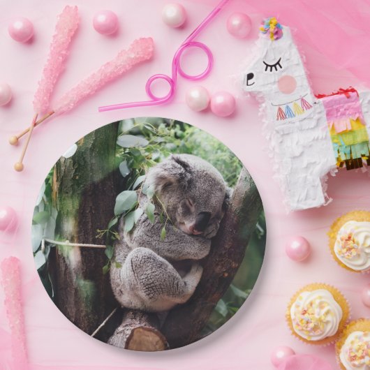 Niedlicher Koala-Bär, der in einem Baum sich Pappteller (Party)