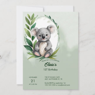 Niedlicher Koala Bär Wasserfarbe Grün Geburtstag Einladung