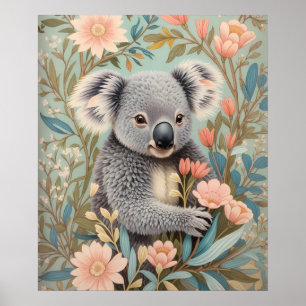 Niedlicher Koala Elegante Pastell-Blumen Poster