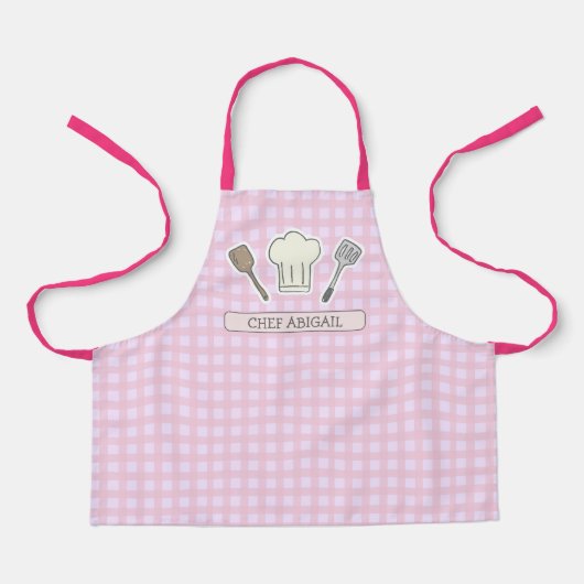 Niedlicher Koch Kochen Personalisiert Pink Gingham Schürze (Vorderseite)