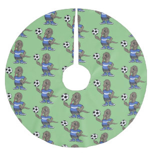 Niedlicher Komodo-Drache beim Fußballspielen Carto Polyester Weihnachtsbaumdecke