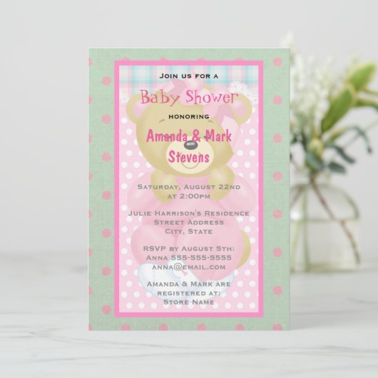Niedlicher Krustbär mit rosa Babydusche Einladung (Stehend Vorderseite)