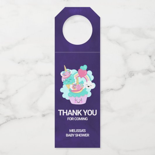 Niedlicher Kuchen und glückliche Eiscreme Danke Flaschenanhänger (Vorderseite)