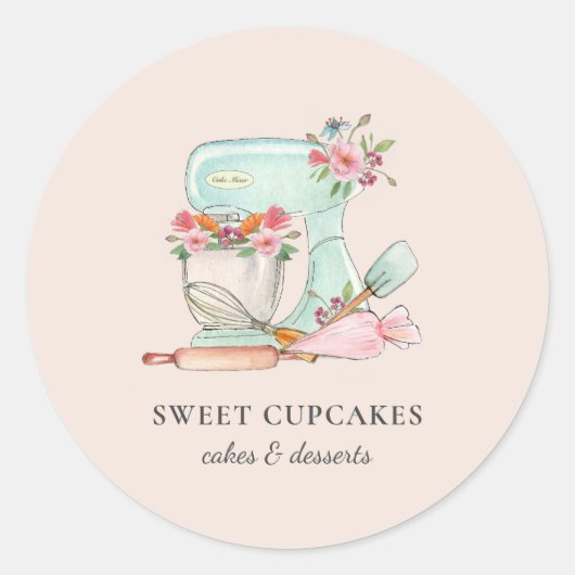 Niedlicher Küchenmischer mit Blume Bäckerei Runder Aufkleber (Vorderseite)