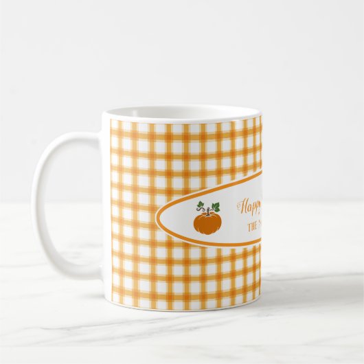Niedlicher Kürbisgelber Orange Karierter Erntedank Kaffeetasse (Links)