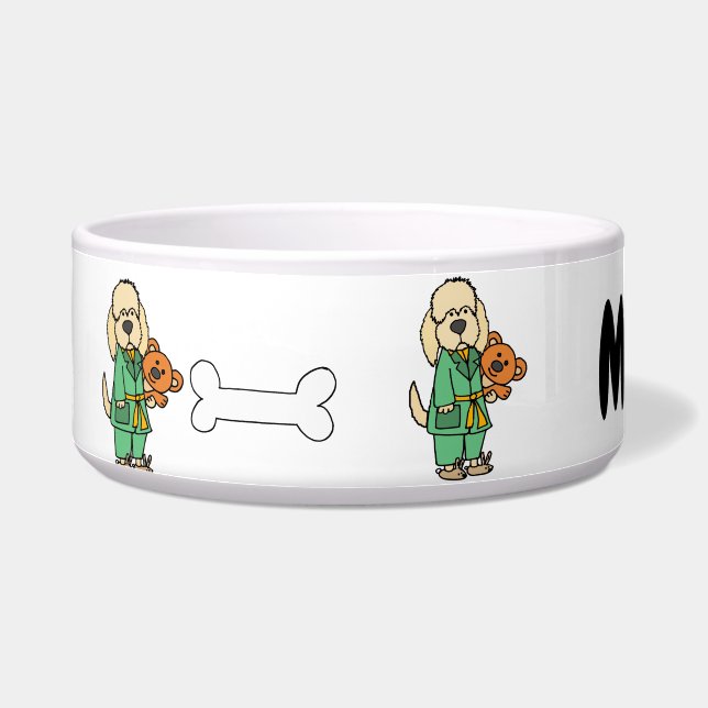 Niedlicher Labradoodle Hund mit Teddy Bear Cartoon Napf (Links)