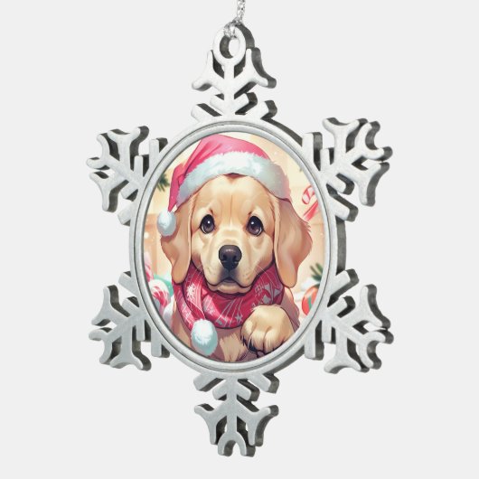 Niedlicher Labrador Retriever mit pastellfarbenem Schneeflocken Zinn-Ornament (Rechts)