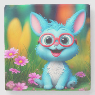 Niedlicher lächelnder blauer Hase mit Brille-56734 Steinuntersetzer