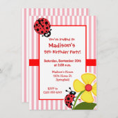 Niedlicher Ladybug auf blubble gum rosa Streifen Einladung (Vorne/Hinten)