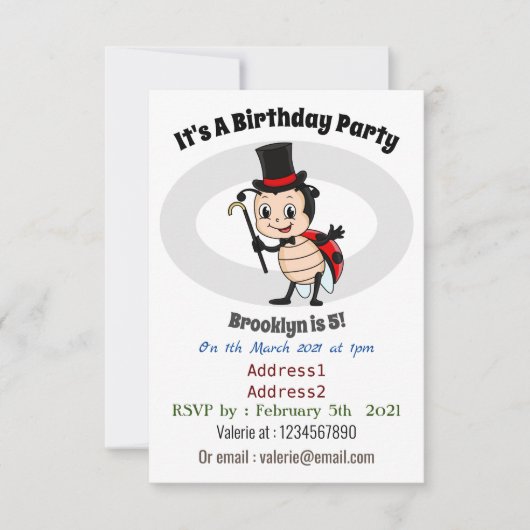 Niedlicher Ladybug mit Top Hut und Krawatte Cartoo Einladung (Vorderseite)