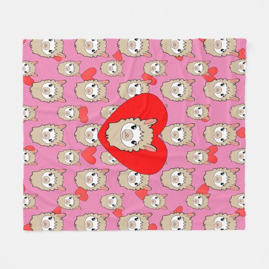 Niedlicher Lama-Kopf und rotes Herz rosa Hintergru Fleecedecke (Vorderseite (Horizontal))