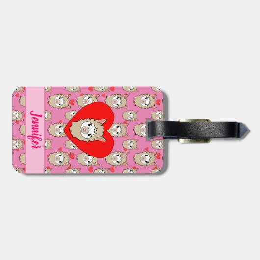 Niedlicher Lama-Kopf und rotes Herz rosa Hintergru Gepäckanhänger (Rückseite horizontal)