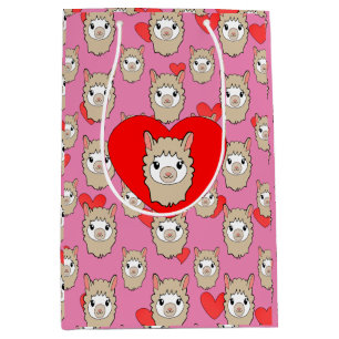 Niedlicher Lama-Kopf und rotes Herz rosa Hintergru Mittlere Geschenktüte