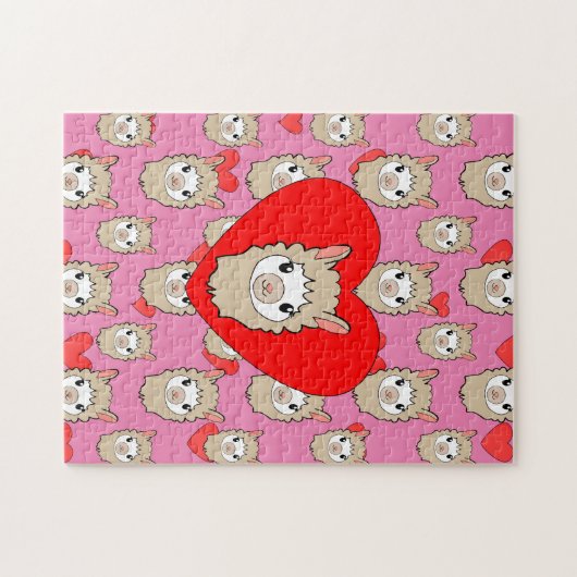 Niedlicher Lama-Kopf und rotes Herz rosa Hintergru Puzzle (Horizontal)