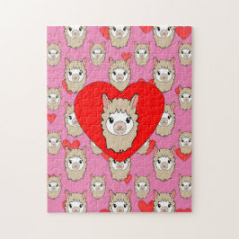 Niedlicher Lama-Kopf und rotes Herz rosa Hintergru Puzzle