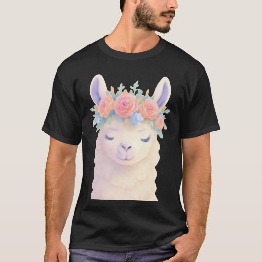 Niedlicher Lama mit Blume Crown Pastel Design T-Shirt (Vorderseite)