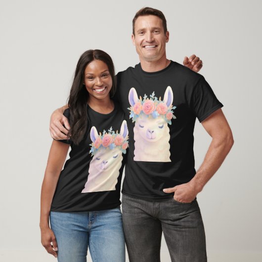 Niedlicher Lama mit Blume Crown Pastel Design T-Shirt (Unisex)