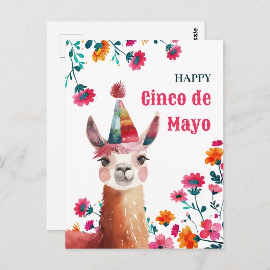 Niedlicher Lama mit Fuchsia Blume Happy Cinco de M Postkarte (Vorne/Hinten)