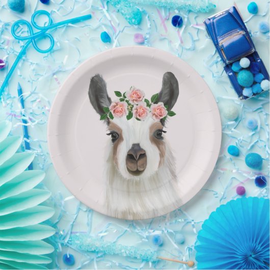 Niedlicher Lama mit Rose Blume Kronenrosa Pappteller (Party)