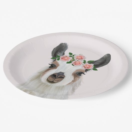 Niedlicher Lama mit Rose Blume Kronenrosa Pappteller (Schrägansicht)
