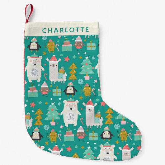 Niedlicher Lama-Polar-Pinguin-Muster Personalisier Kleiner Weihnachtsstrumpf (Vorderseite)