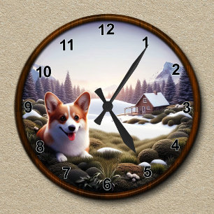 Niedlicher Landschaftlicher Hintergrund für Corgi Runde Wanduhr