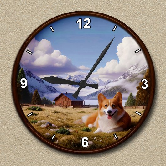 Niedlicher Landschaftlicher Hintergrund für Corgi Runde Wanduhr