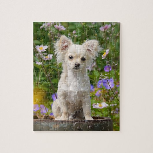 Niedlicher langhaariger Sahnechihuahua-Hundewelpe Puzzle (Vertikal)