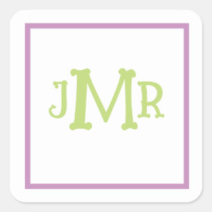 Niedlicher Lavendel und grünes Monogramm Quadratischer Aufkleber