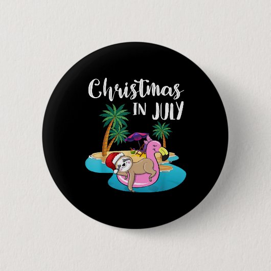 Niedlicher Lazy Sloth auf Flamingo Float Weihnacht Button (Vorderseite)
