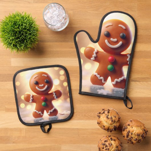 Niedlicher Lebkuchen Ofenhandschuh & Topflappen-Set (Oben Unten)
