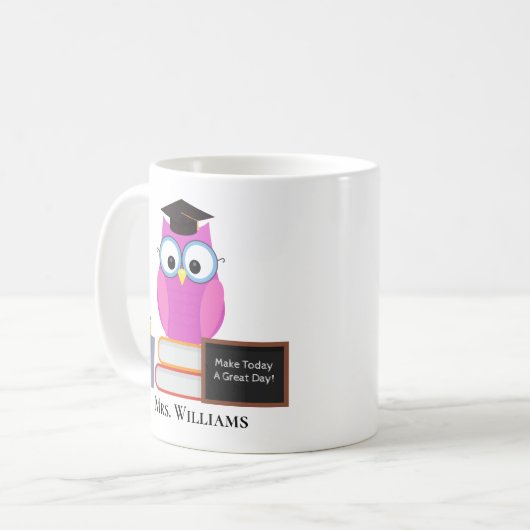 Niedlicher Lehrer Pink Owl School Monogramm Kaffeetasse (Vorderseite Links)