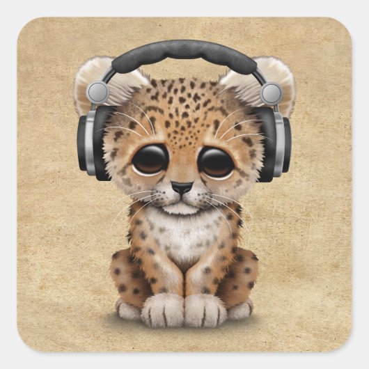 Niedlicher Leopard Cub DJ Tragekopfhörer Quadratischer Aufkleber (Vorderseite)