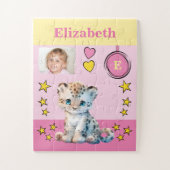 Niedlicher Leopard-Foto Name Rosa Gelbe Kinder Puzzle (Vertikal)