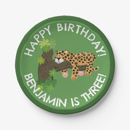 Niedlicher Leopard personalisierter Cartoon Geburt Pappteller (Vorderseite)