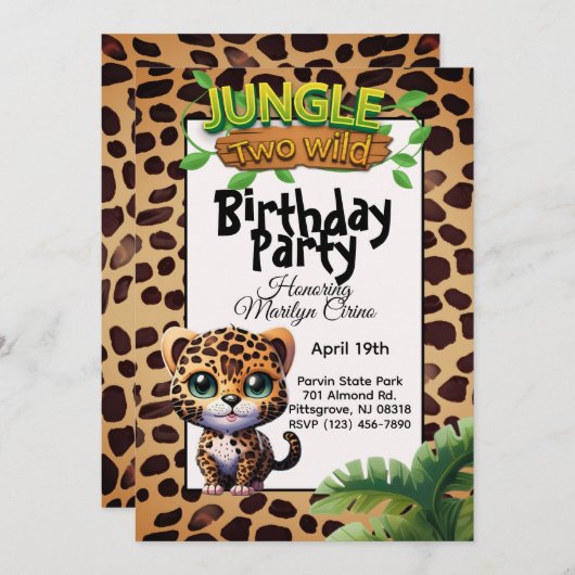 Niedlicher Leopard Print Kitty Cat Two Wild Birthd Einladung (Vorne/Hinten)